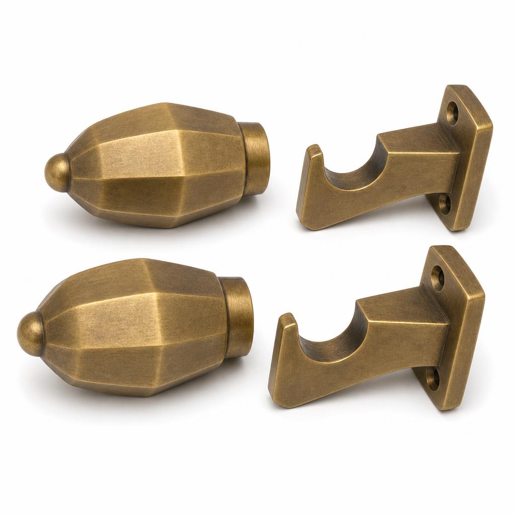 Faceted Solid Brass Curtain Rod End Set — Finials and Brackets for 25mm Rod