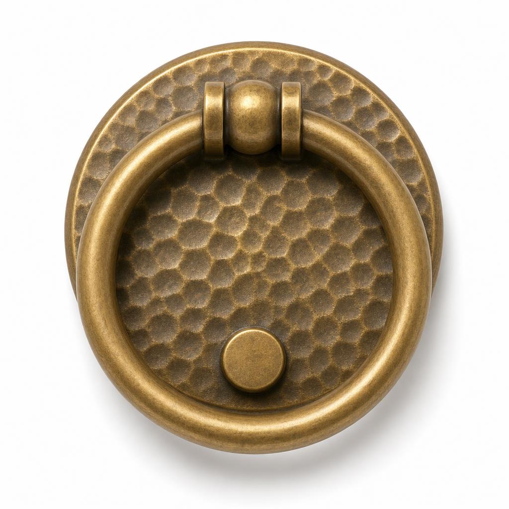 Antique Brass Ring Door Knocker on Hammered Disc