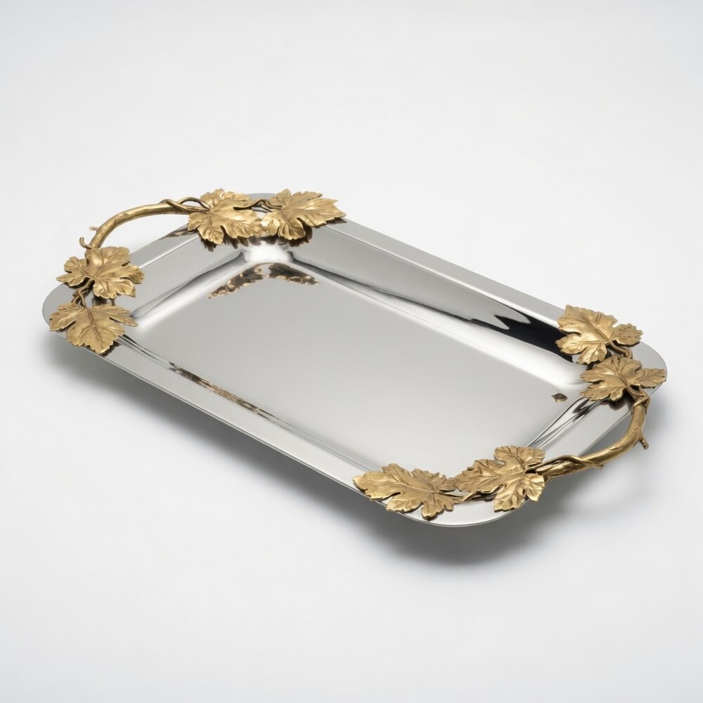 Rect Hammered Tray Brass Leaf Handles