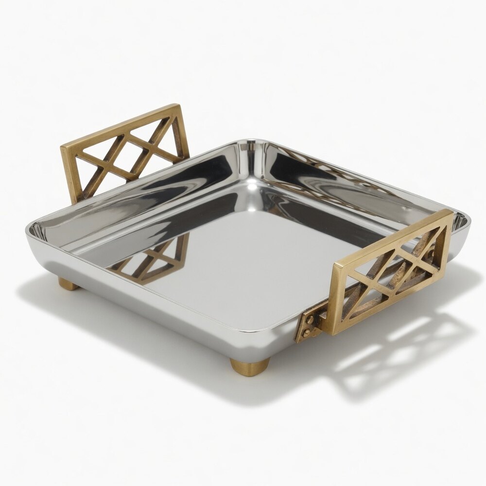 Square SS Tray Geometric Brass Handles